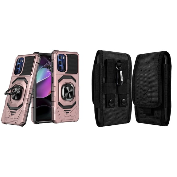 Case with Belt Holster Bundle for Moto G Stylus 5G 2022: Heavy Duty Shield Cover (Rose Gold) and Vertical Rugged Nylon Phone Pouch