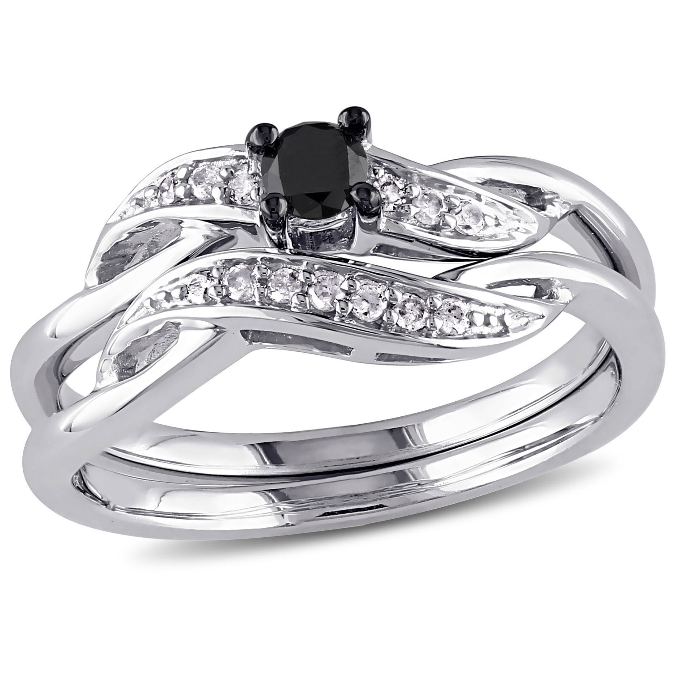 Amour Sterling Silver Black Sapphire & Diamond Crossover Halo Engagement Ring