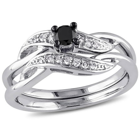 Miabella Women's 1/4 Carat T.W. Black and White Diamond Sterling Silver Crossover Wedding Ring Set