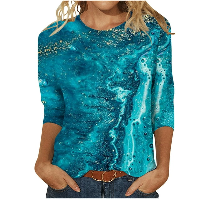 EQWLJWE Hauts d'Été pour Femmes Hauts pour Femmes en Liquidation Mode Féminine Manches Courtes Col Rond Rétro Imprimé Hauts Amples Blouse Manches Trois Quarts
