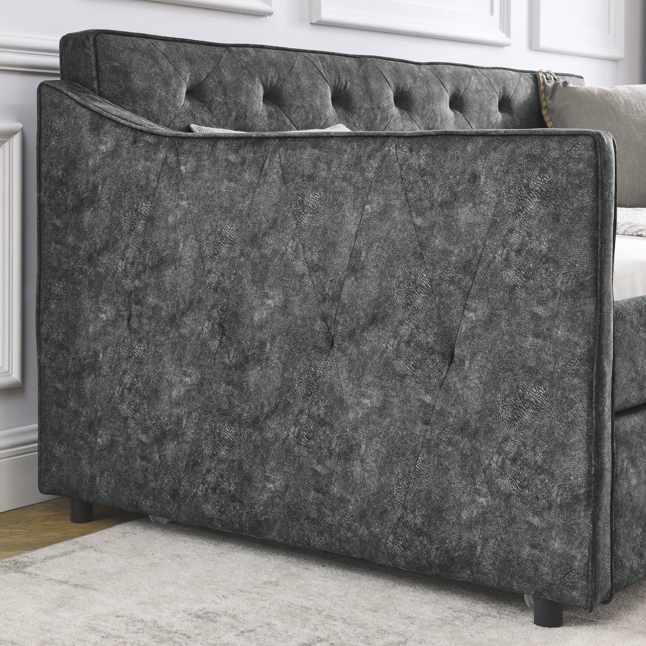 Noble House Veltria Twin Size Daybed, Upholstered Tufted Sofa Bed with Rolling Hidden Trundle, Waved Shape Arms, Gray