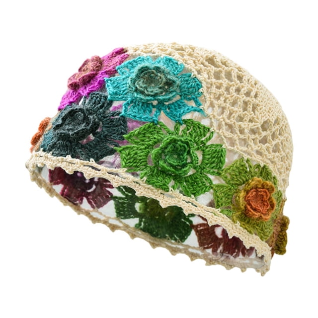 Gorro de crochet con flores, versátil y elegante, ideal para citas, viajes y actividades al aire libre. Beige