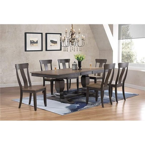 Iconic Furniture RT82-TR-CH57-GRS-BKS-7PC 42 x 64 x 82 in. Double Transitional Pedestal In Antique Grey Stone Black Stone Panel Back 7-Piece Dining Set