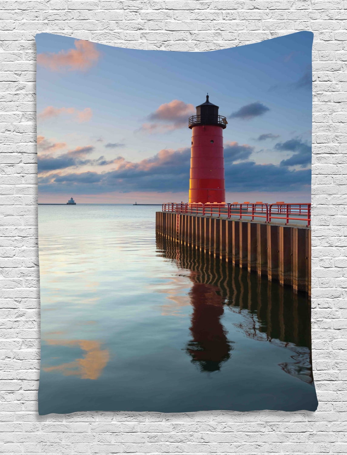 Wisconsin Tapestry, Amazing Photo of Milwaukee Lighthouse at Sunrise Calm Water and Beautiful 