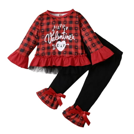 

Jdefeg Clothes for 1 Year Old Girl Toddler Girls Valentine s Day Heart Printed Letter Plaid Lace Ruffles Tops Bell Bottoms Flare Pants Kids Outfits Customized Baby Girls Cotton Blend Red 100