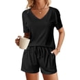 thumbnail image 2 of Ekouaer Womens Ribbed Knit Lounge Set Short Sleeve Top and Shorts Sleepwear Pajama Set Two Piece Shorts Outfits Set, 2 of 4