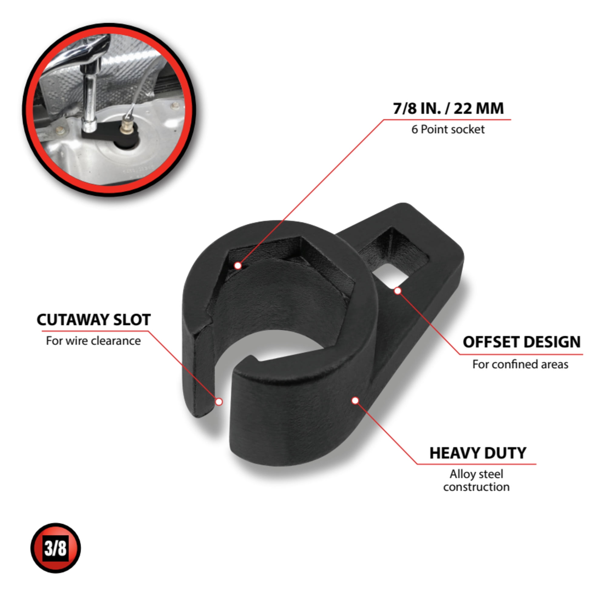 Performance Tool W84008 Compact Oxygen Sensor Socket for Precise and Easy Removal, 3/8-Inch Drive, 7/8-Inch (22mm) Offset Design
