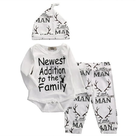 

Infant Baby Boy Girl Letter Print Bodysuit Romper + Deer Pants + Hat Newborn Outfits Clothes Set