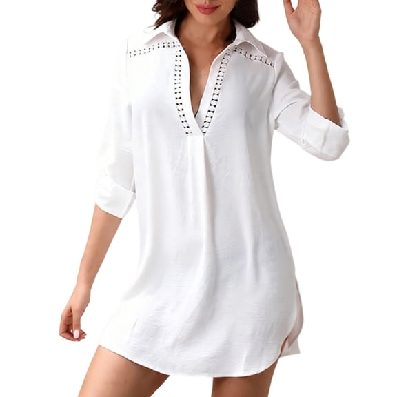 Beach Cover Ups for Women, Women’s Swimsuit Coverup V Neck Bathing Suit Cove Up for Swimwear Long Sleeve Beach Dress Shirt