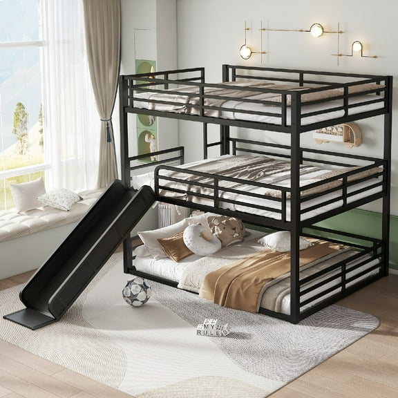 Queen over Queen over Queen Size Triple Bunk Bed Frame with Slide, Heavy-duty Metal Bunk Bed Frame with Safety Guardrails and Ladder for Bedroom, Apartment, Dorms, Mattress Not Included, Black
