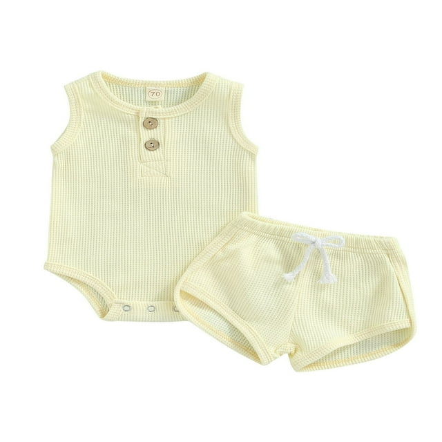 Babies Two-piece Summer Clothes Suit Solid Color Sleeveless Button-down Romper and Drawstring Shorts