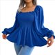 thumbnail image 1 of Blusa Tipo Babydoll de Larga con Cuello Cuadrado, Fruncido, Dobladillo con Volantes y Peplum Fruncido para Mujer. Azul M, 1 of 10