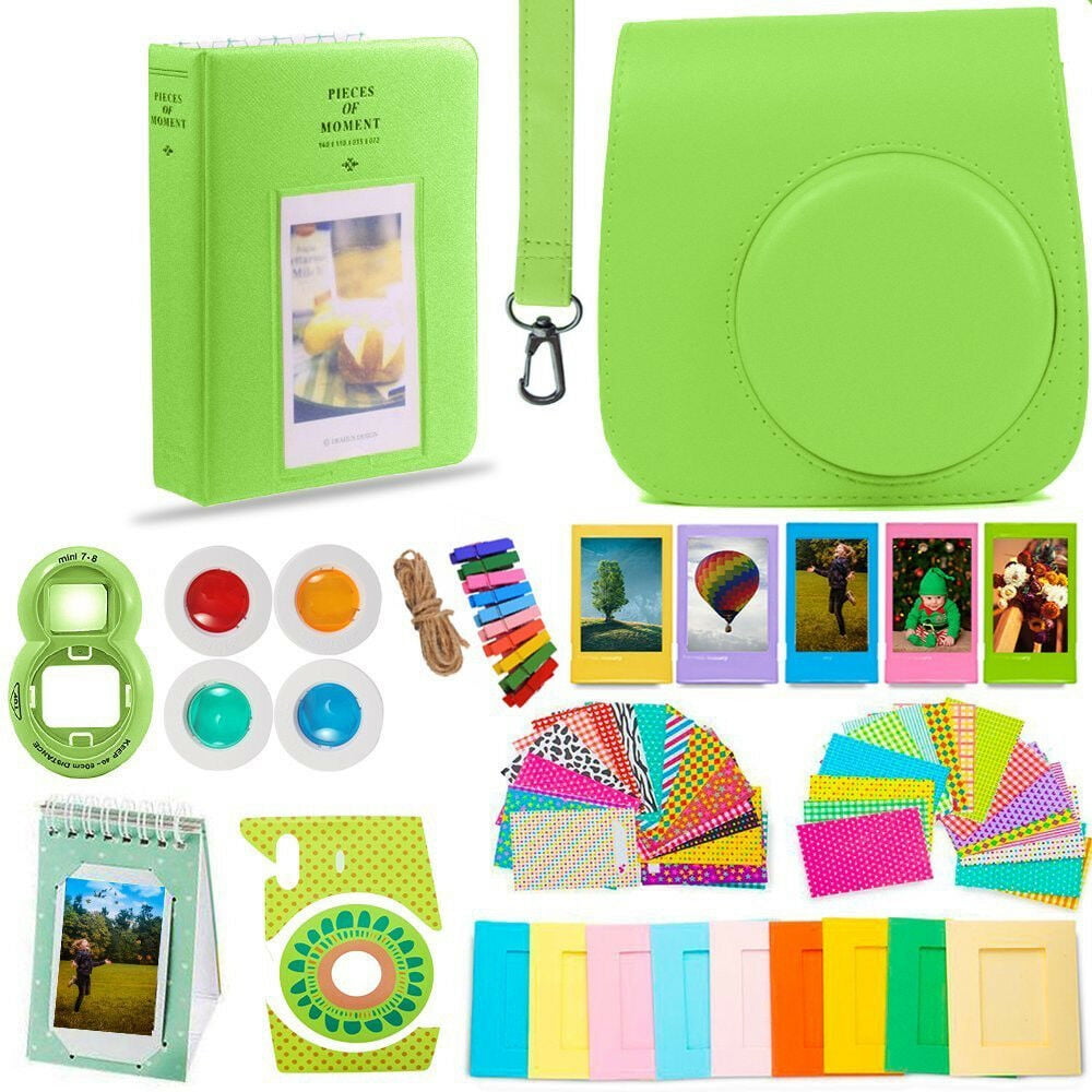DNO Fujifilm Instax Mini 9 Camera Accessories | Lime Green Protective Case w/Strap + Hanging and Sticker Frames + Color Filters + Selfie Close-Up Lens + Photo Album + MORE (14 piece)