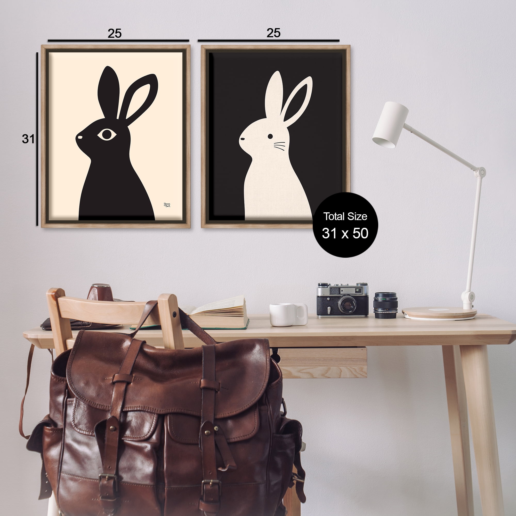 Stupell Industries Cream & Black Rabbits Animals Painting Brown Floater Framed Canvas Art Print Wall Art, 31 x 25, Set of 2