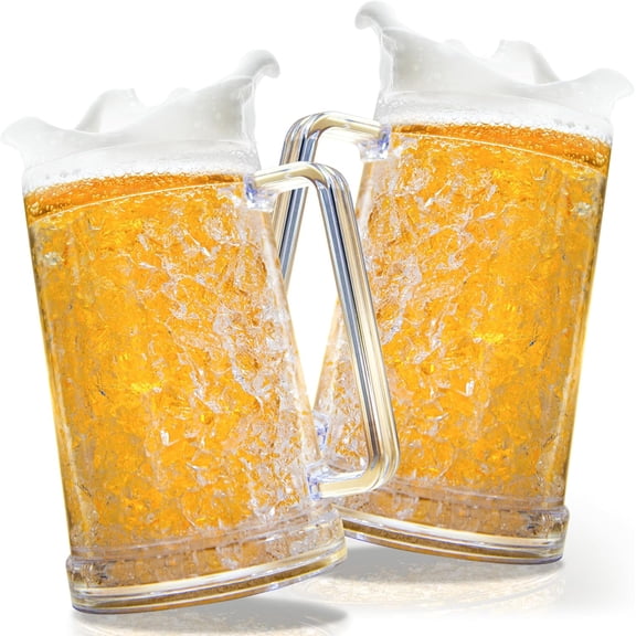 Granatan Set of 2 Frozen Beer Mugs for Freezer 16 oz, Clear Double Walled Beer Mugs with Handles