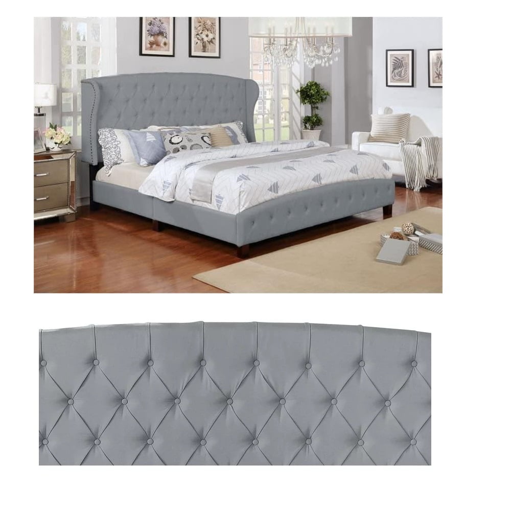 Nathaniel Home Queen Upholstered Panel Bed, Platform Bed Frame Easy Assembly, Polyester Fabric Tufted Headboard Design Gray