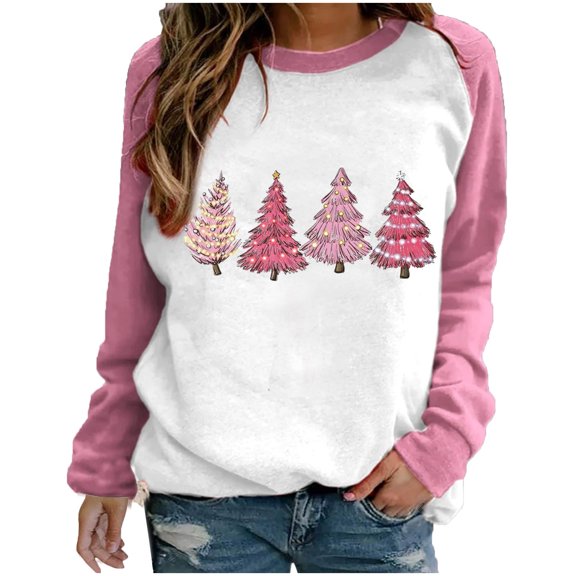 Plus Size Color Block Long Sleeve Tops for Women Crew Neck Cute Christmas Graphic Print Shirt Loose Pullover Tee(Pink,XL)