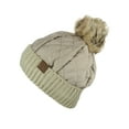 thumbnail image 3 of C.C Soft Quilted Puffer Detachable Faux Fur Pom Inner Lined Cuff Beanie Hat, Taupe, 3 of 4