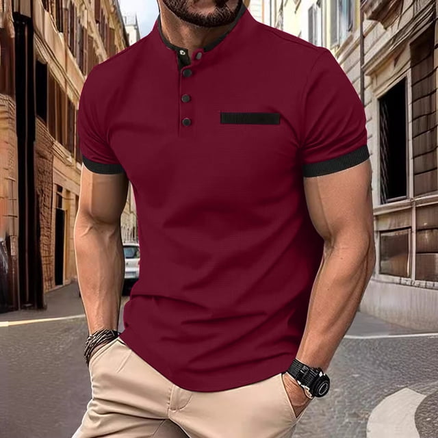 Haut/chemise Patchwork à Manches Courtes Col Montant pour Hommes