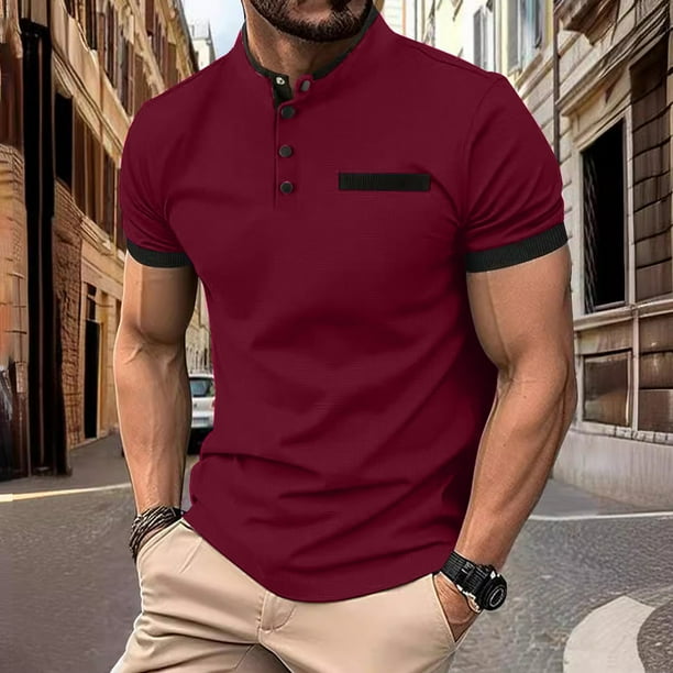 Playera Elvqul Hombre Liso Vino Manga Corta Playa Cuello Mao Botones Algodón
