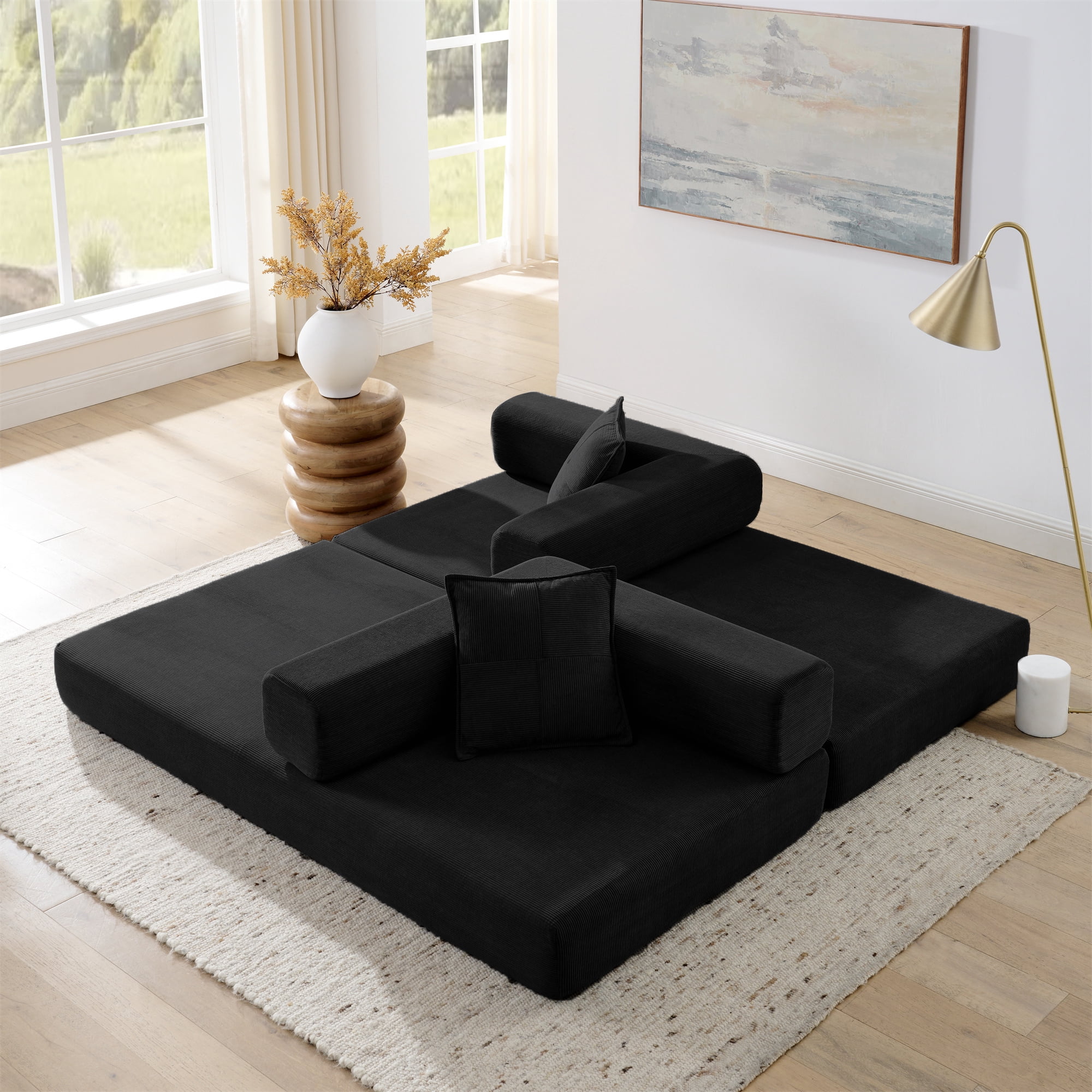 Lunale Boneless Cloud Couch, Convertible Floor Sofa Bed, Queen Size Pull Out Sleeper Sofa, No Assembly Required, Black Corduroy