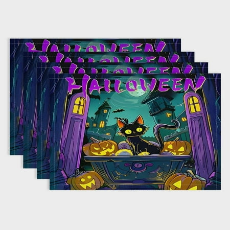 

ZHZY Halloween Placemat Kitchen Dining Table Cute Black Cat Print Table Place Mats Spooky Pumpkin Castle Bat Goth Washable Fabric Table Mats Placemat Horror Theme Purple Black 18x12in
