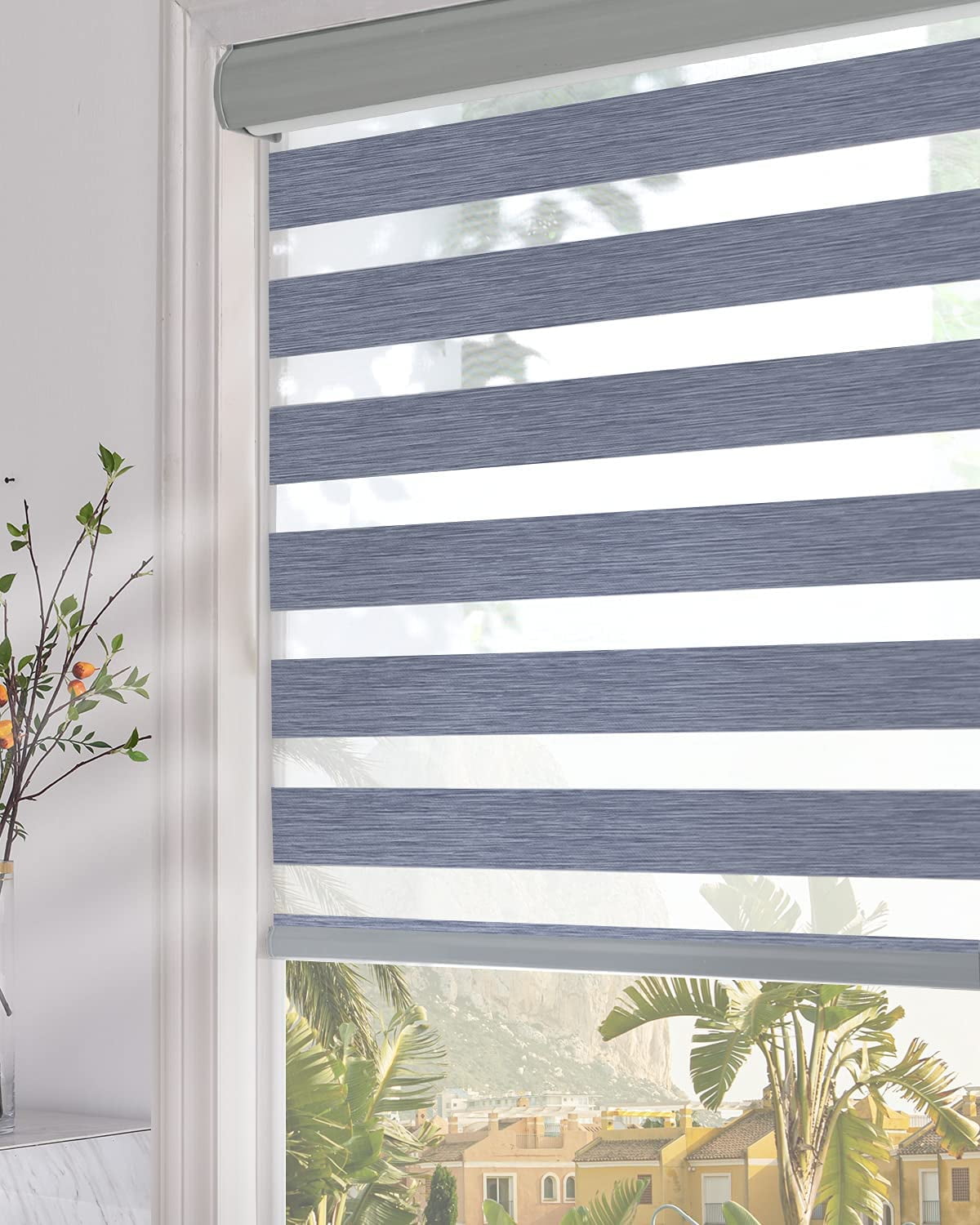 Blackout Zebra Roller Blinds (34" W X 72" H, Dark Grey) Dual Layer