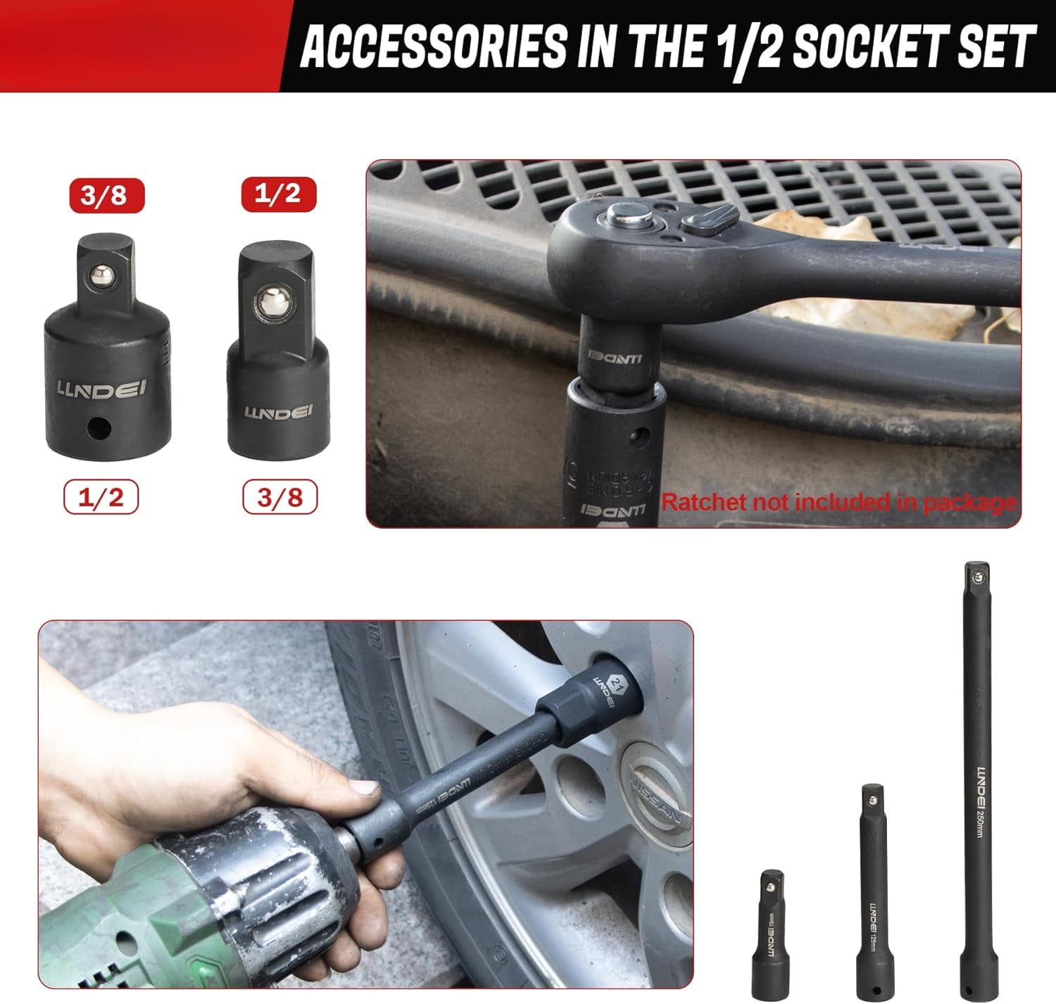 1/2 inch Drive Deep Impact Socket Set, 37 Piece Standard SAE 3/8" to 1-1/4" | Metric 8 to 24mm, Includes Spark Plug Socket (16, 21mm), CR-MO Universal Joint, Extension Bars and Adapter