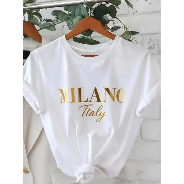 Milano Italy Women's Soft Graphic T-Shirt - Black Short Sleeve Crewneck with Golden Letter Print, Comfortable Polyester Casual Top for Casual Attire, Allseason Apparel | Knotted Front | Smooth Textur
