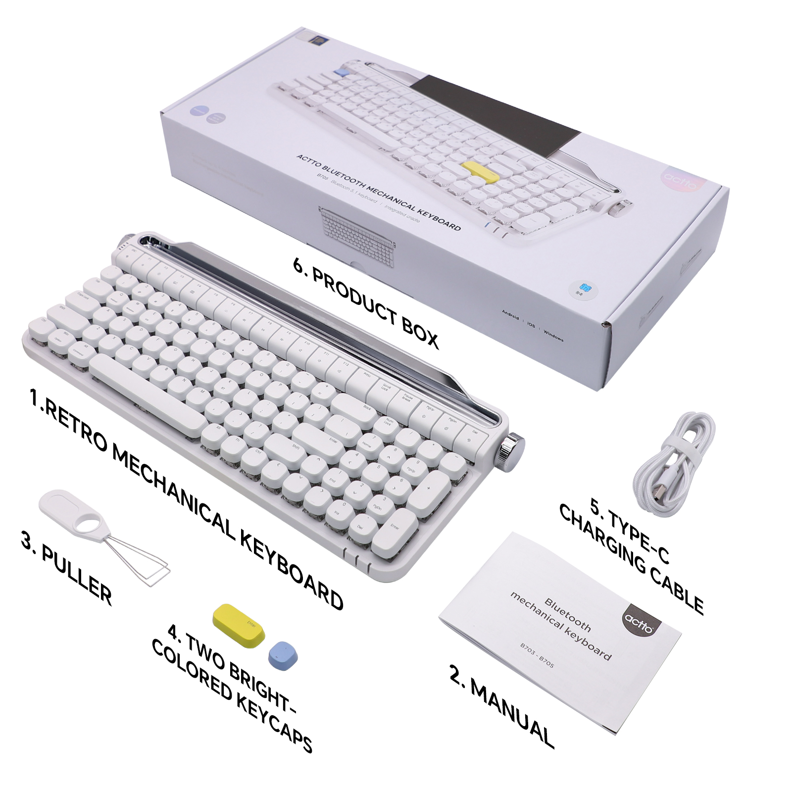 ACTTO B705 Retro Typewriter Mechanical Keyboard, Cream White, Dual