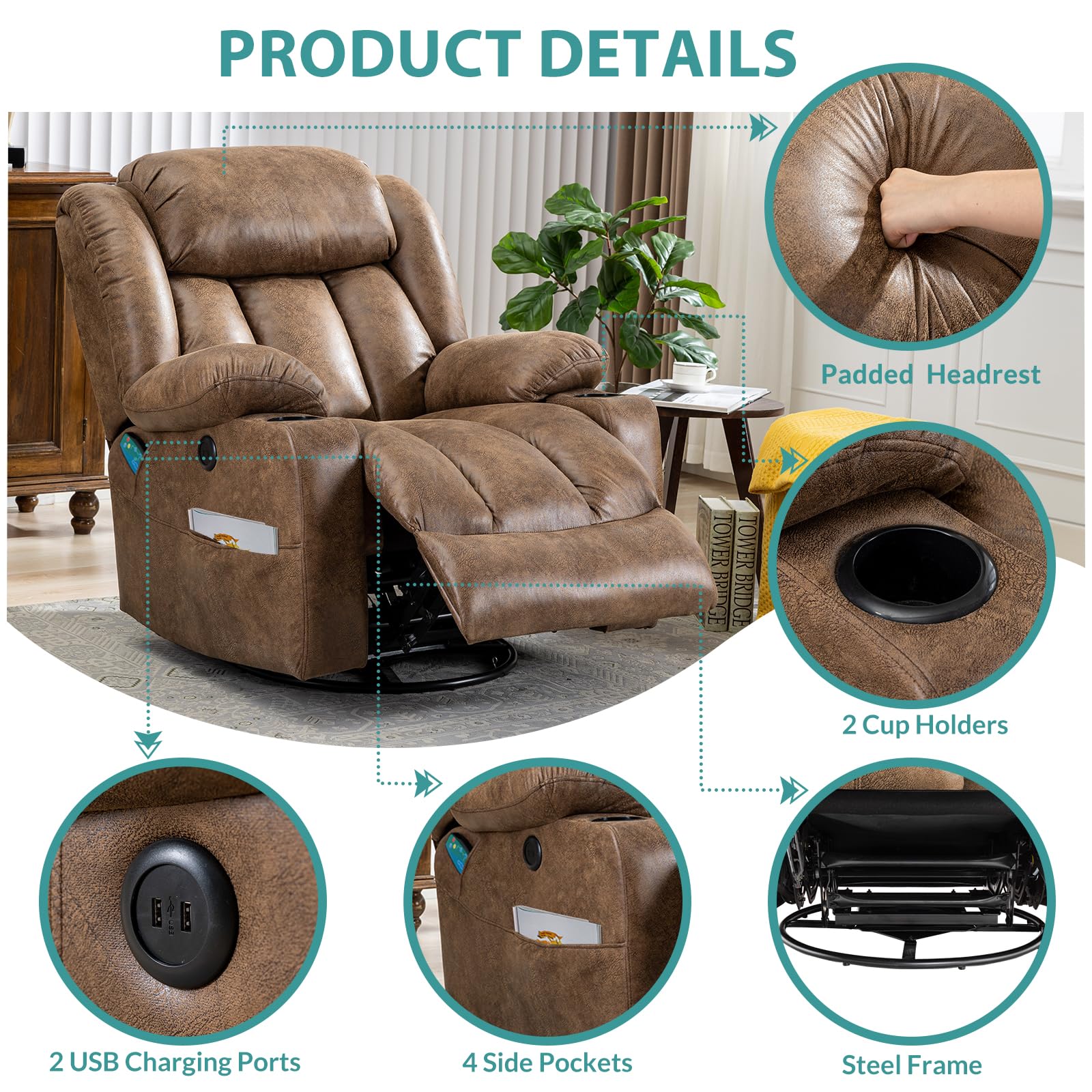 MEETWARM Massage Swivel Rocker Recliner with Heat and Vibration, Manual ...