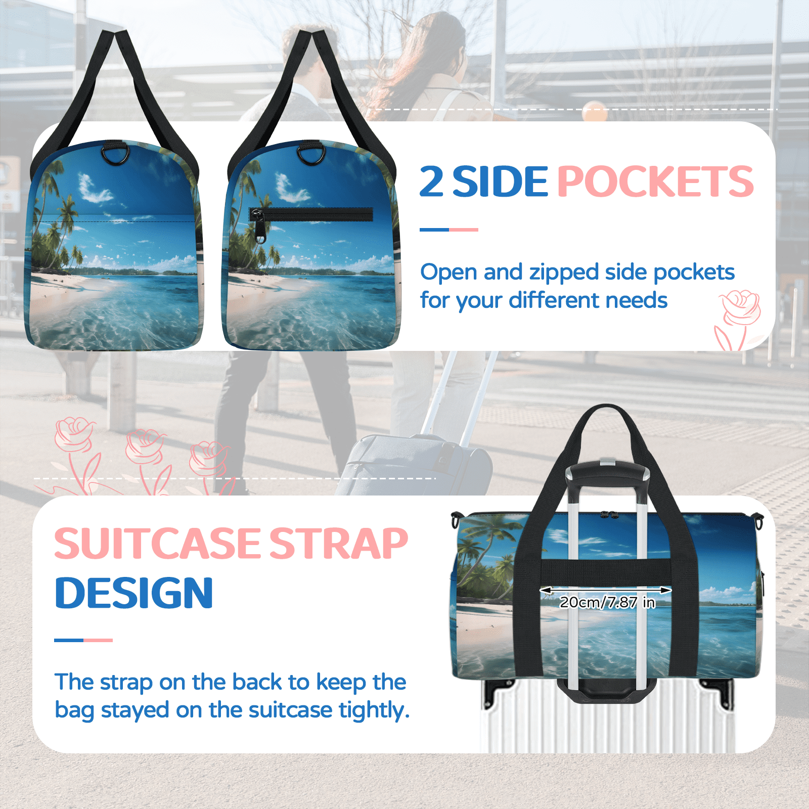 Herdesigns Beach Ocean Landscape Travel Duffle Bag Sports Yoga Weekender Overnight Carry on Workout Bags Lightweight Waterproof Gym Tote Bag for Women
