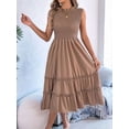 thumbnail image 5 of Women'S Ruffle Trim Flutter Sleeve Midi Dress Pleated Crew Neck Tiered Smocked Flowy Dresses Khaki L, 5 of 9