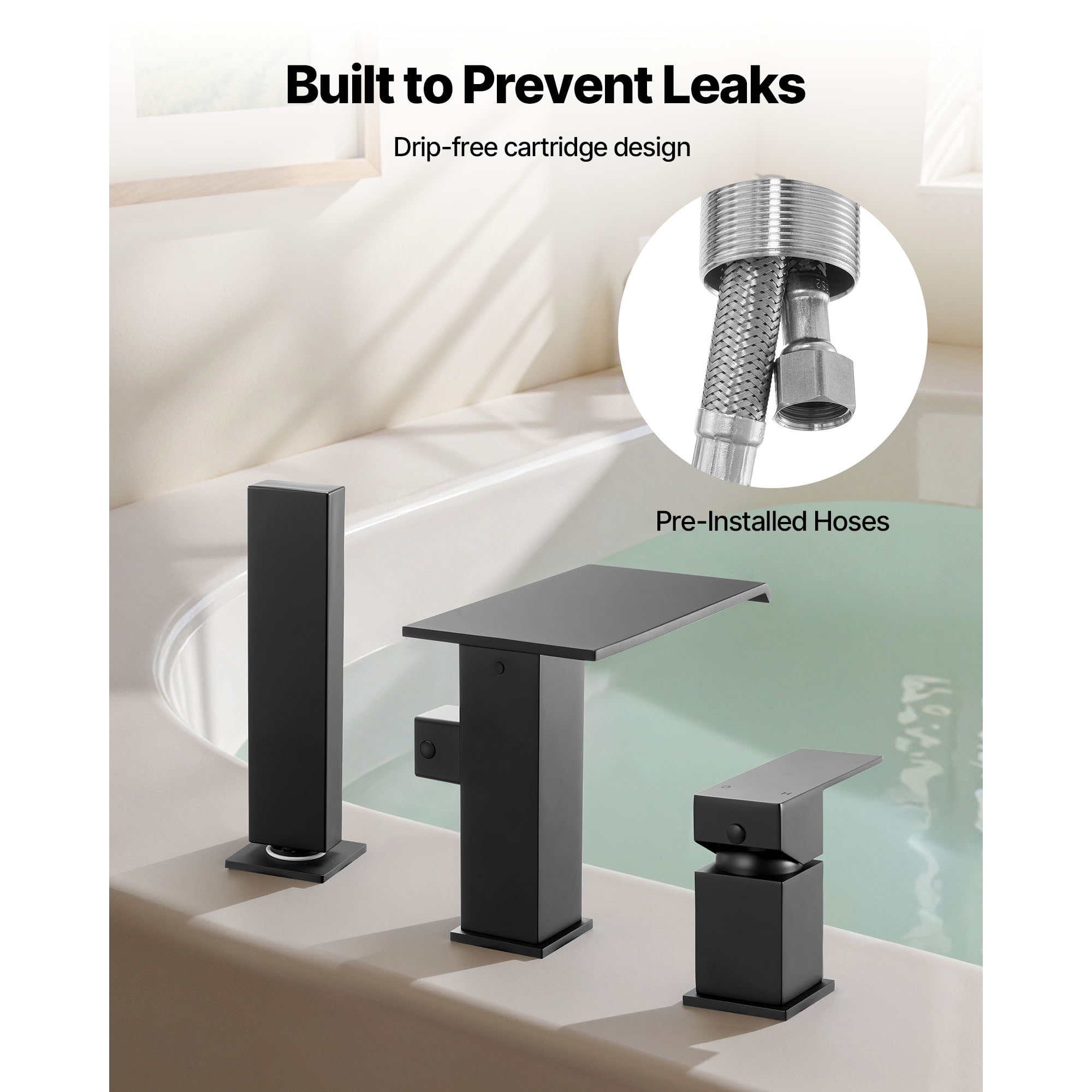 KFFKFF Roman Tub Faucet, 3-Hole Waterfall Bathtub Fixture with Shower Head & Single Handle, Deck-Mounted Bath Faucet Set for Washing Pets, Baby Care, and Adult Bathing, Matte Black