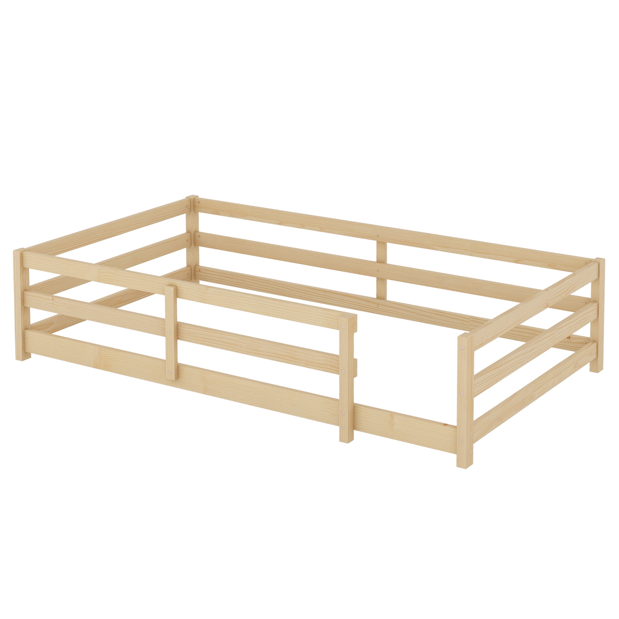 Jopath Twin Size Floor Bed, Montessori Floor Bed with Fence, Wood Montessori Floor Bed for Kids Girls Boys (Natural)