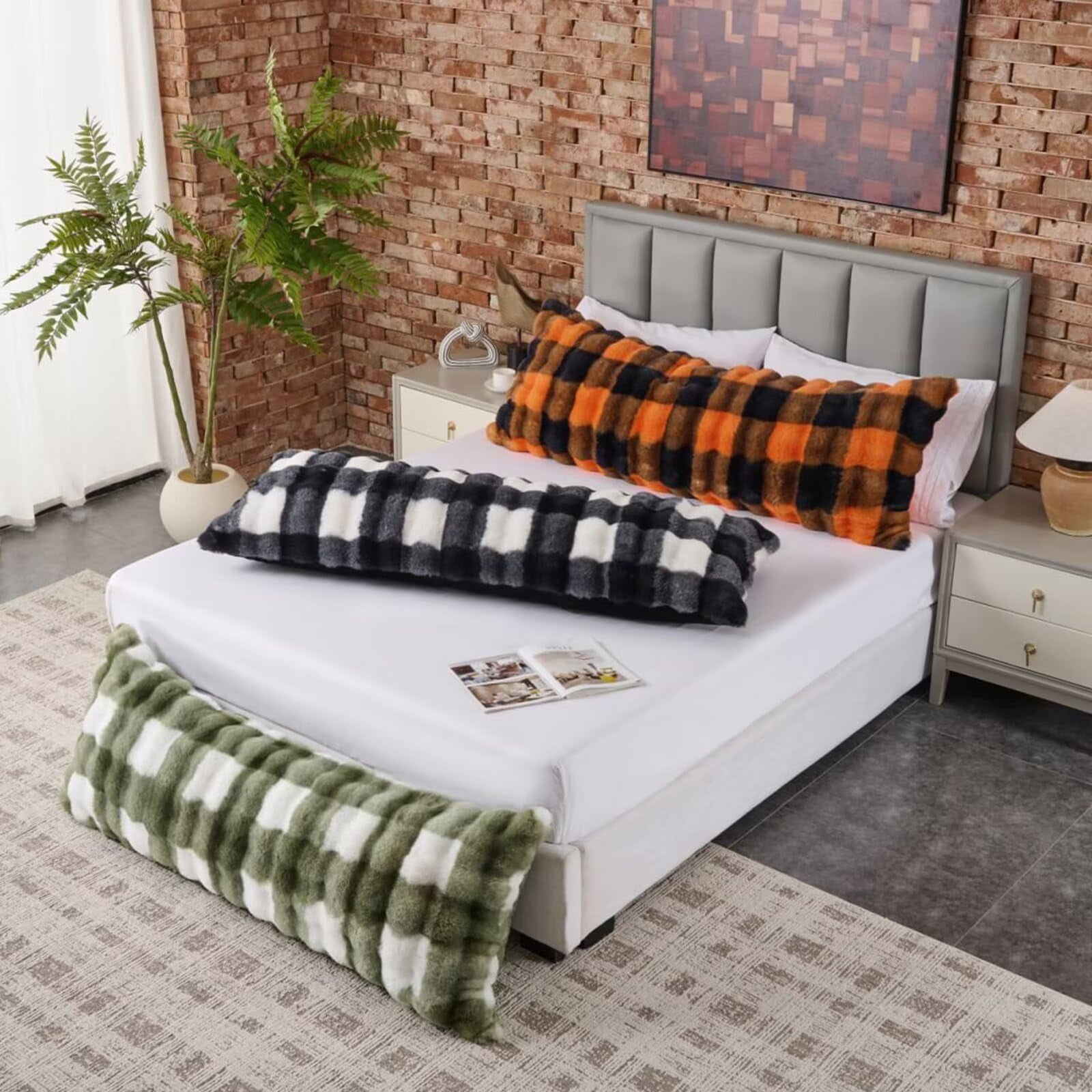 Luxury Shaggy Faux Fur Body Pillow,Fluffy Bed Pillow with Zipper Closure,Soft Decorative Plush Full Long Pillows,Fuzzy Hug Pillow for Living Room Side Sleeper & Pregnancy 20"x54" Sage Green Grid Prin