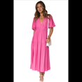 thumbnail image 1 of Vestido Midi Fluido de Corte A con Escote en V Profundo, Corta Abullonada, Cintura Alta Elástica y para Mujer Rosa Roja L, 1 of 9