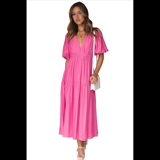 Vestido Midi Fluido de Corte A con Escote en V Profundo, Corta Abullonada, Cintura Alta Elástica y para Mujer Rosa Roja L