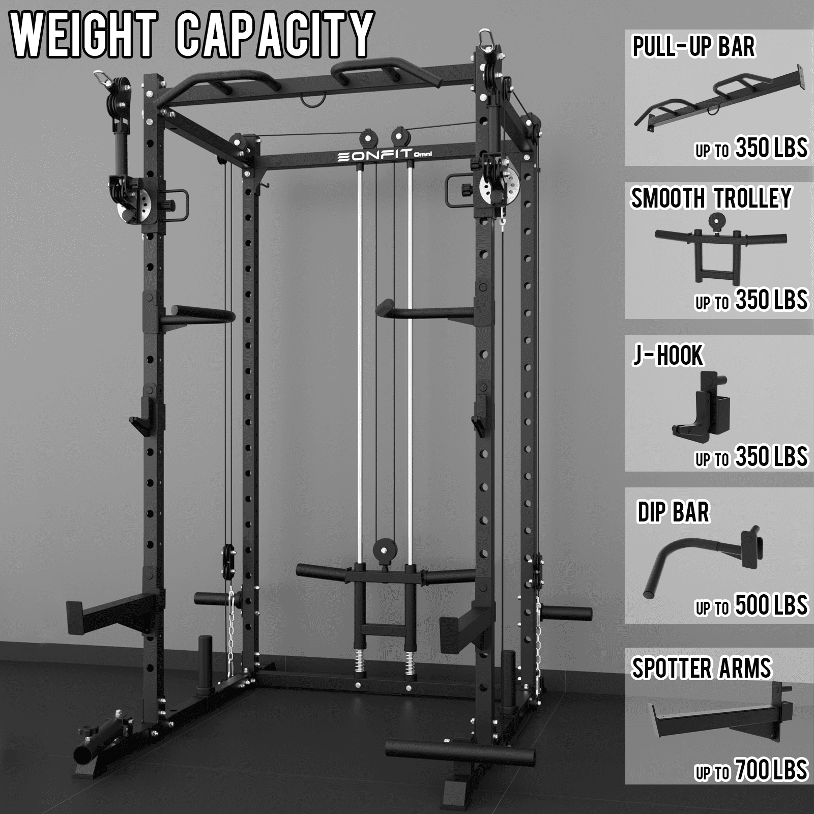 Eonfit E2 Power Cage with 3D Rotation Arms - Multi-Functional Power Rack for Home Gym. 1500lb Squat Rack for Home Gym. Pulley System for Cable Crossover & LAT Pulldown (E2 BLK PRO)