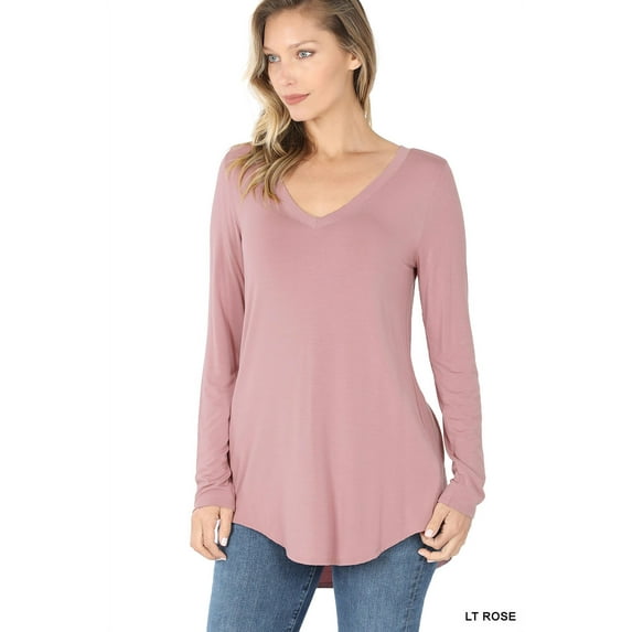 TheLovely Women & Plus Soft Luxe Rayon Long Sleeve Dolphin Hem V-Neck Tee Shirt Top
