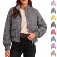 thumbnail image 2 of Ghalytn Women's Gingham Cropped Jacket Stand Collar Full Zip Quilted Coat with Patch Pockets Lightweight Plaid Outerwear, 2 of 2