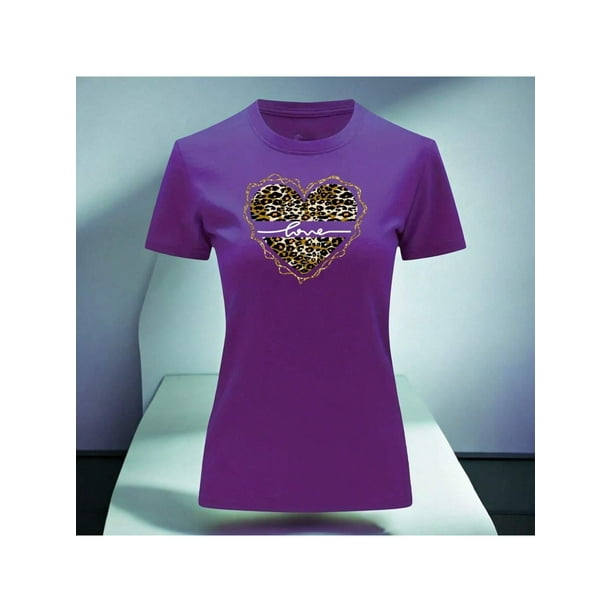 Playera Blusa Con Impresion De Corazon Love Animal Print Color Morado Talla Chica Marca Emil SaEs