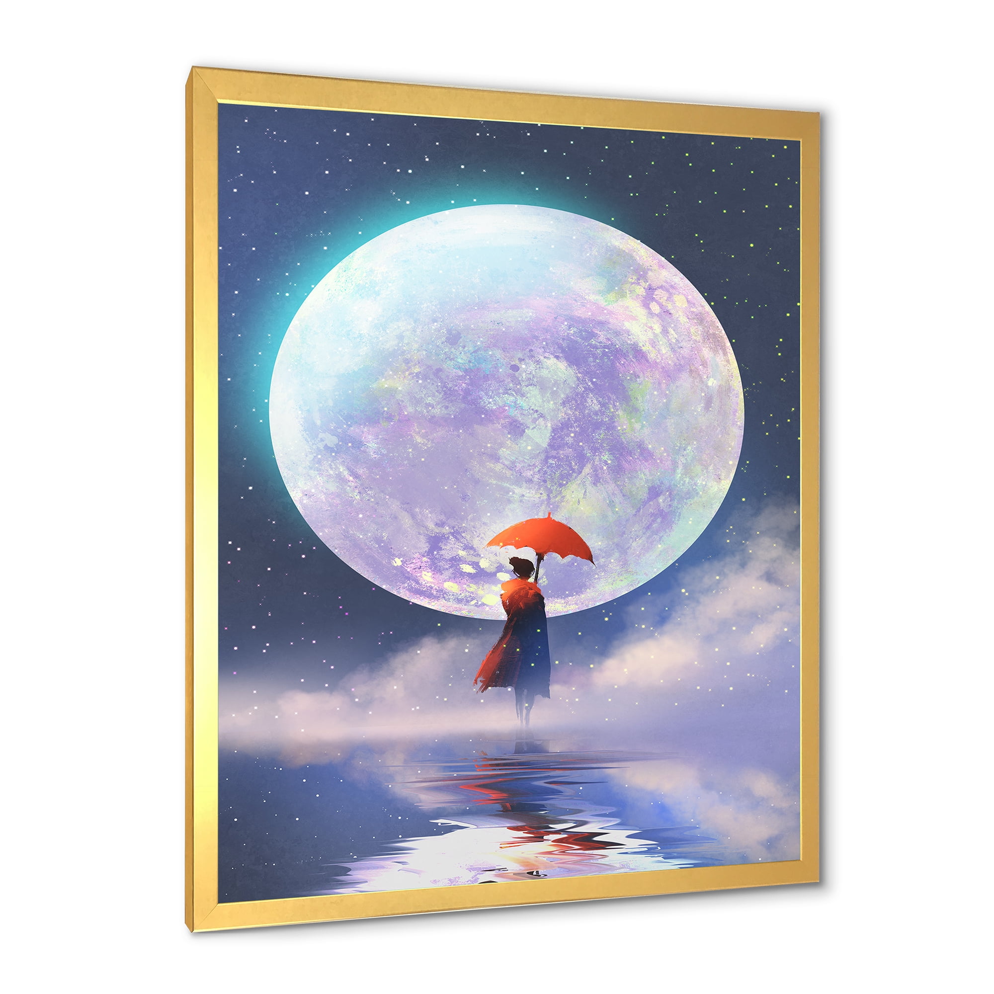 Designart 'Girl With Umbrella Standing On Water Against Moon' Traditional Framed Art Print