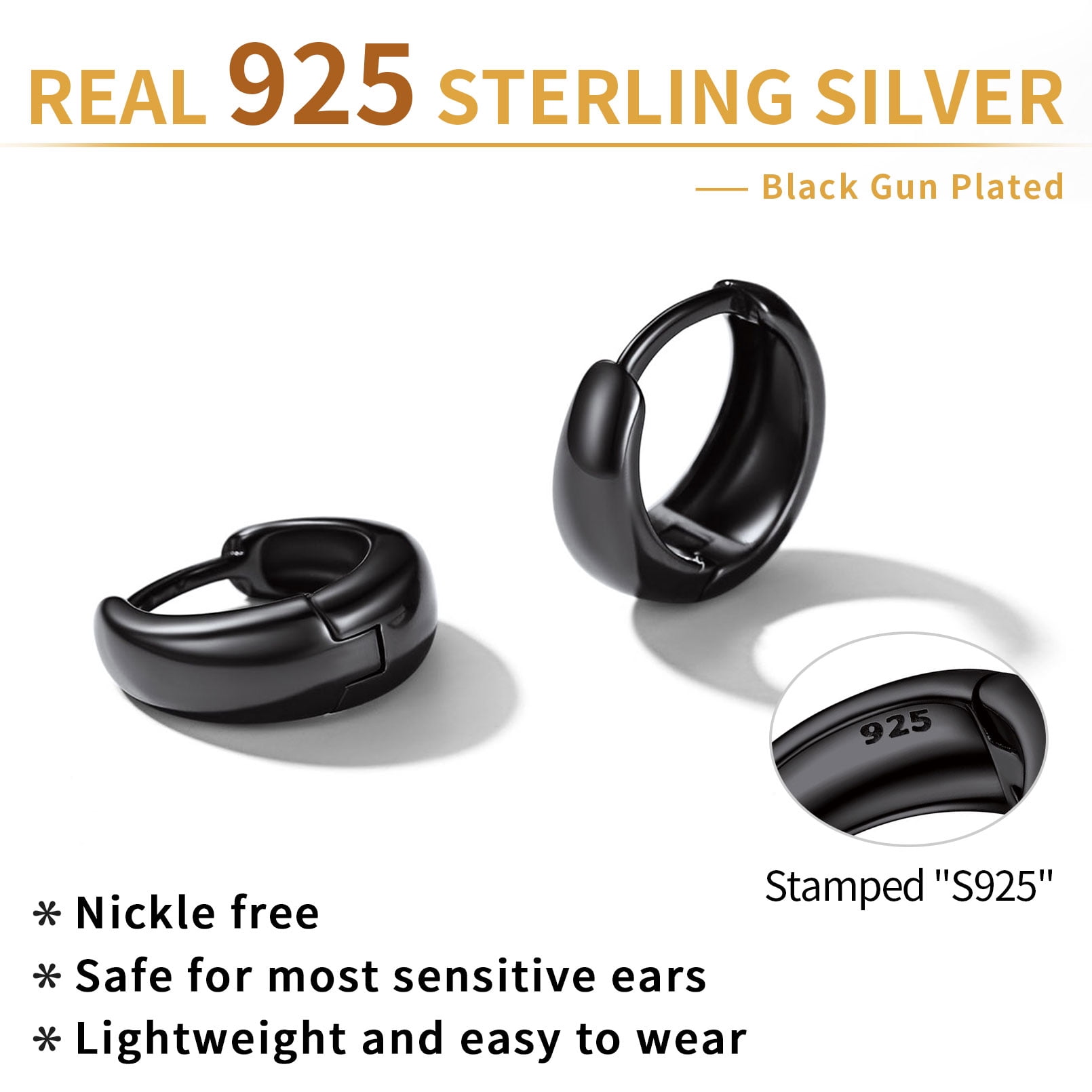 ChicSilver Christmas Gift 8MM Small Hoop Earrings Thick Black Cartilage Huggie Earrings Hypoallergenic 925 Sterling Silver Jewelry for Women Grils | Clearance
