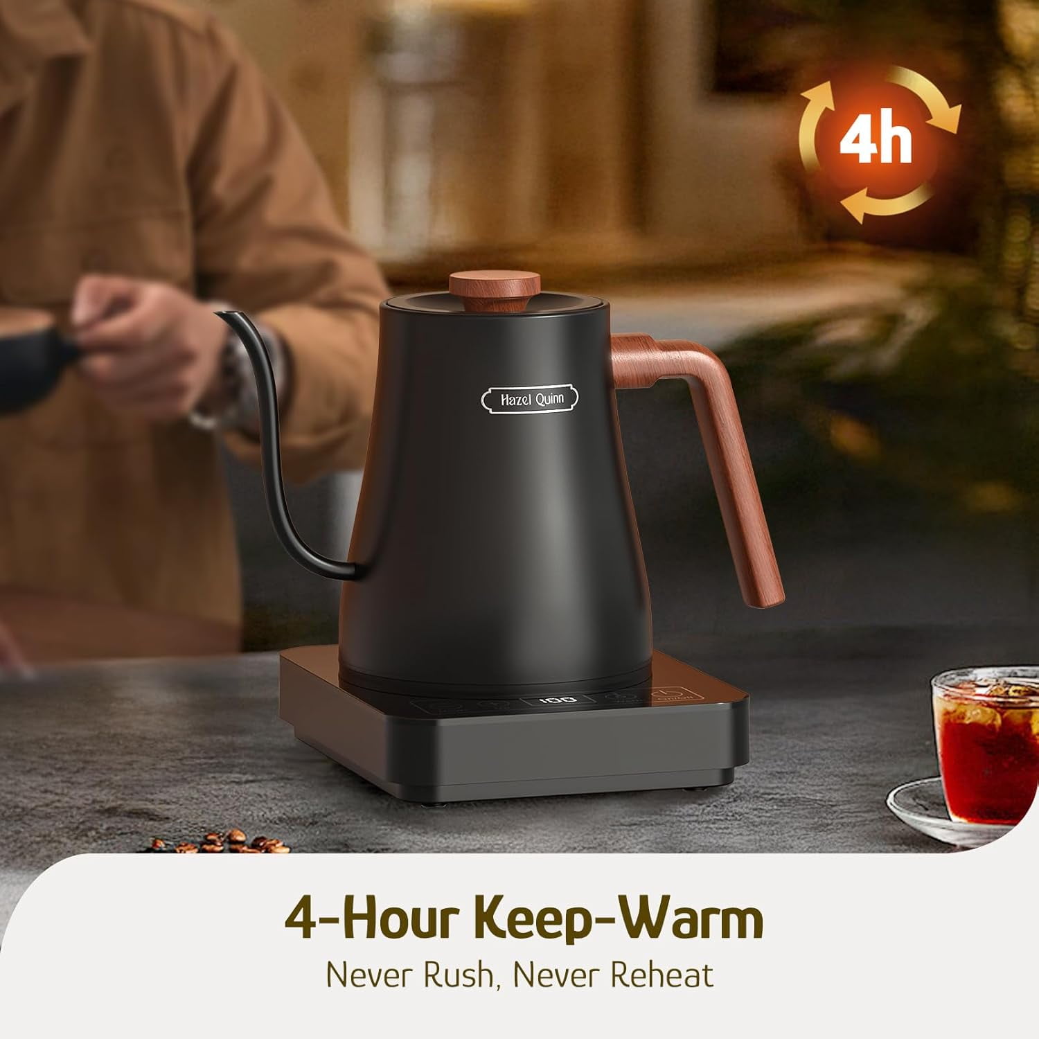 Gooseneck Electric Kettle - 0.8L Precise Temp Control, 4H Keep Warm, 1000W Fast Boil, 304 Stainless Steel Interior for Coffee & Tea Brewing - Black