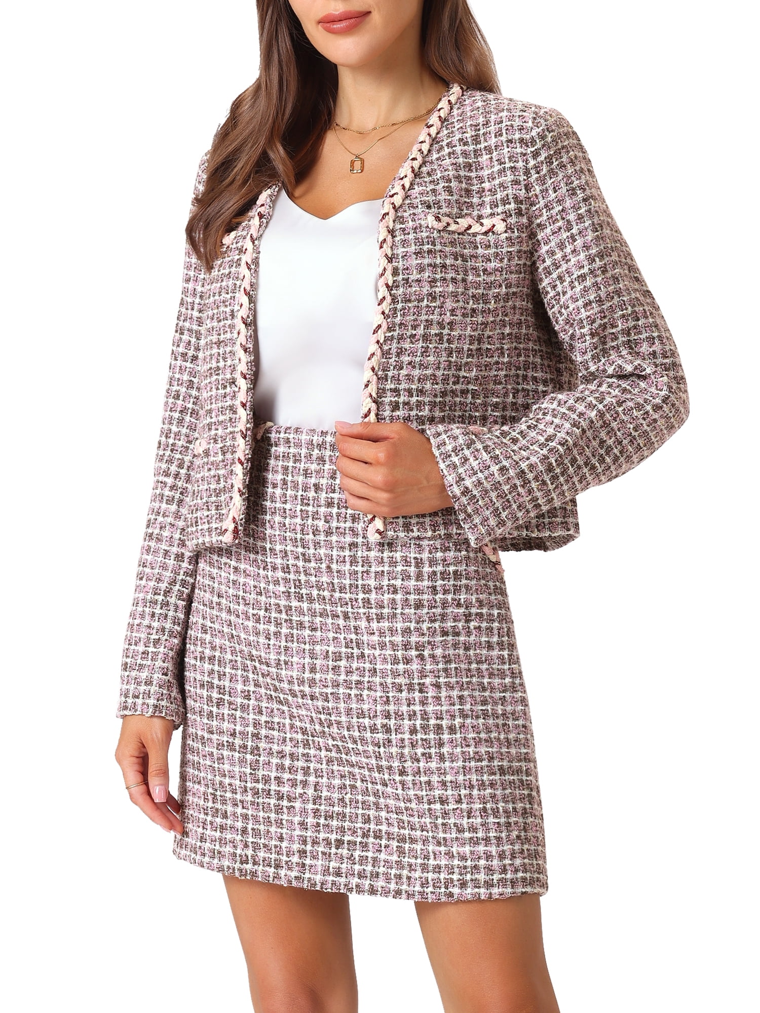 Ensemble Jupe 2 Pièces Femme Allegra K - Blazer Court En Tweed à Carreaux Avec Mini-jupe Taille Haute, Look Chic Et Tendance - 3