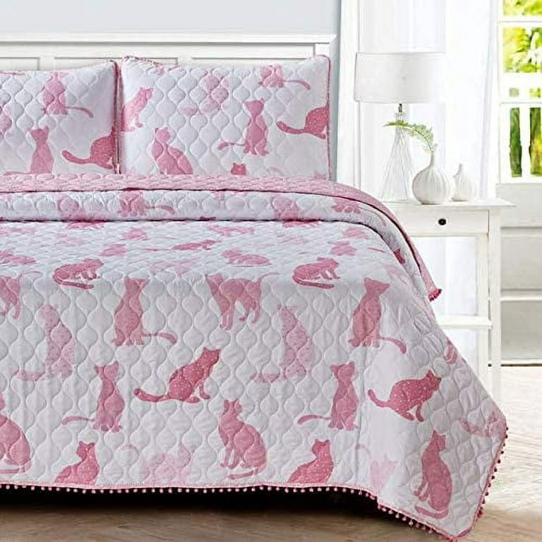 Sleeping Partners 3 Piece Pink Cats Quilt Set with Mini Pom Poms,  Full/Queen, Pink
