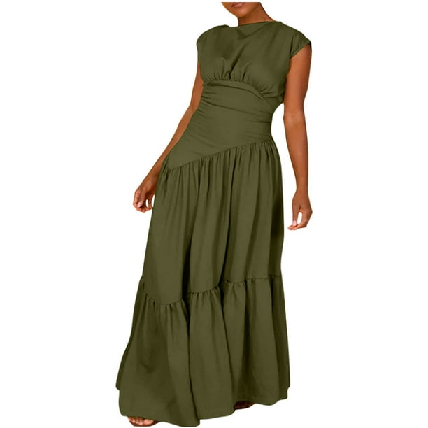 Sexy Vestido para las Mujeres, Color Sólido sin Mangas Cuello Redondo Plegado Cintura Retracta Tobillo Longitud Maxi Vestido