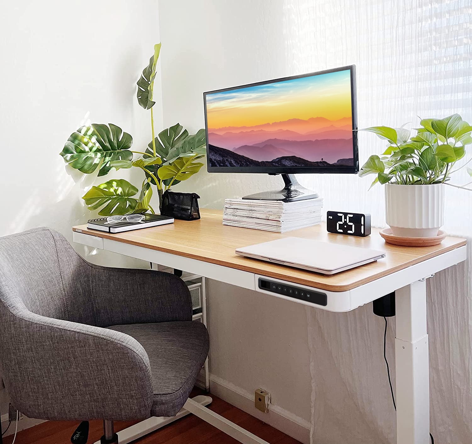 Rise Up Essential Electric Standing Desk 23.6x47.2” | Affordable Adjustable Height 27–46” Sit Stand Ergonomic Office Desk with Maple Top, Memory Control & White Frame