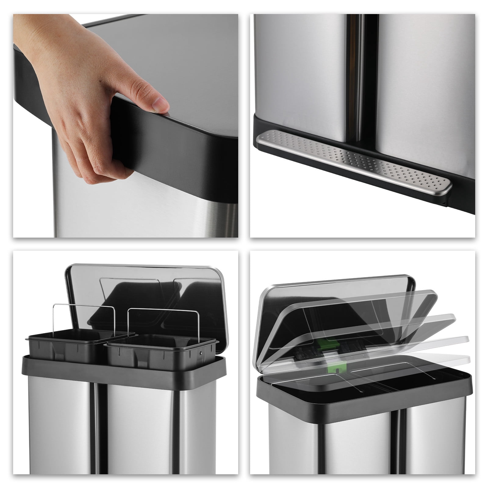 Pirecart 16 Gallon Step Trash Can with Lid Rectangular Stainless Steel Dual Garbage Can, Silver
